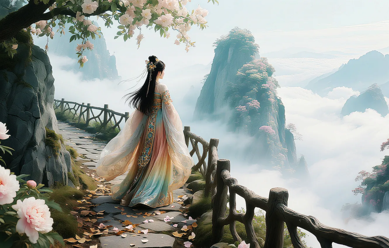 Photo wallpaper girl, nature, mountains, asian, ai art