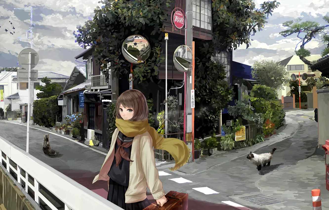 Photo wallpaper girl, cats, the city, street, anime, suitcase, art, Mikipuruun No Nae Soon