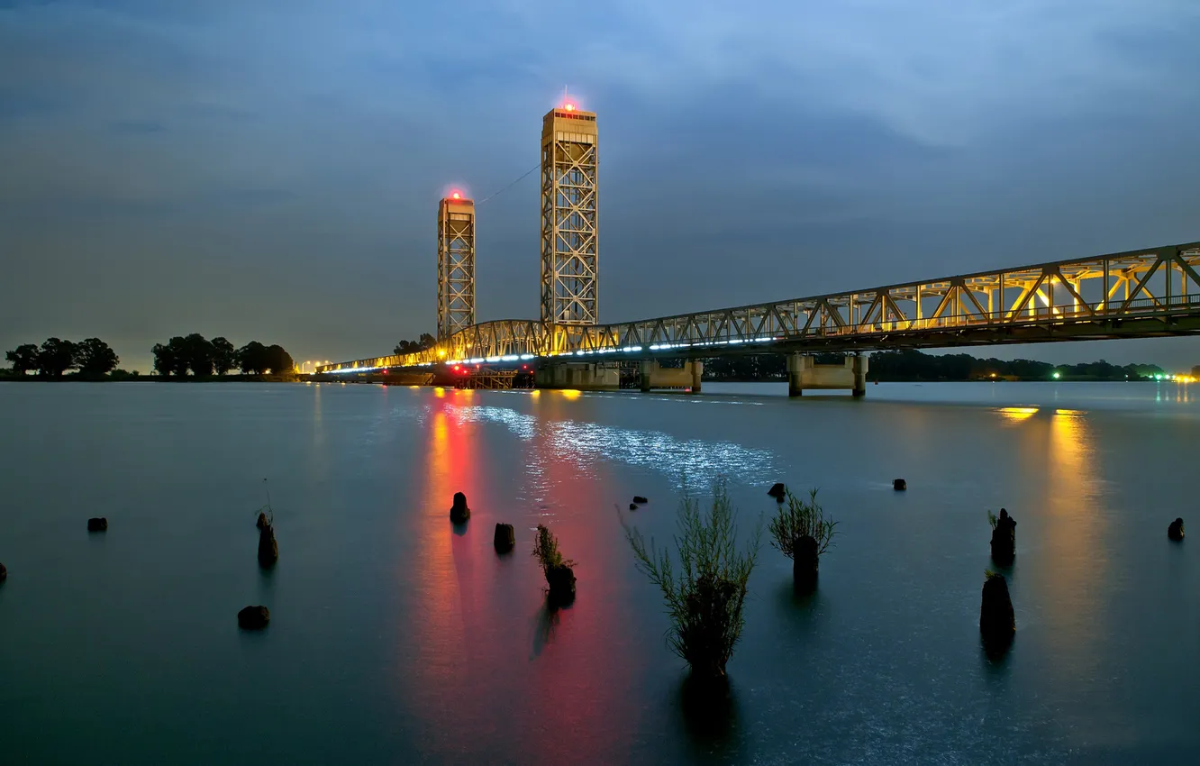 Photo wallpaper night, lights, river, CA, river, bridge, night, California