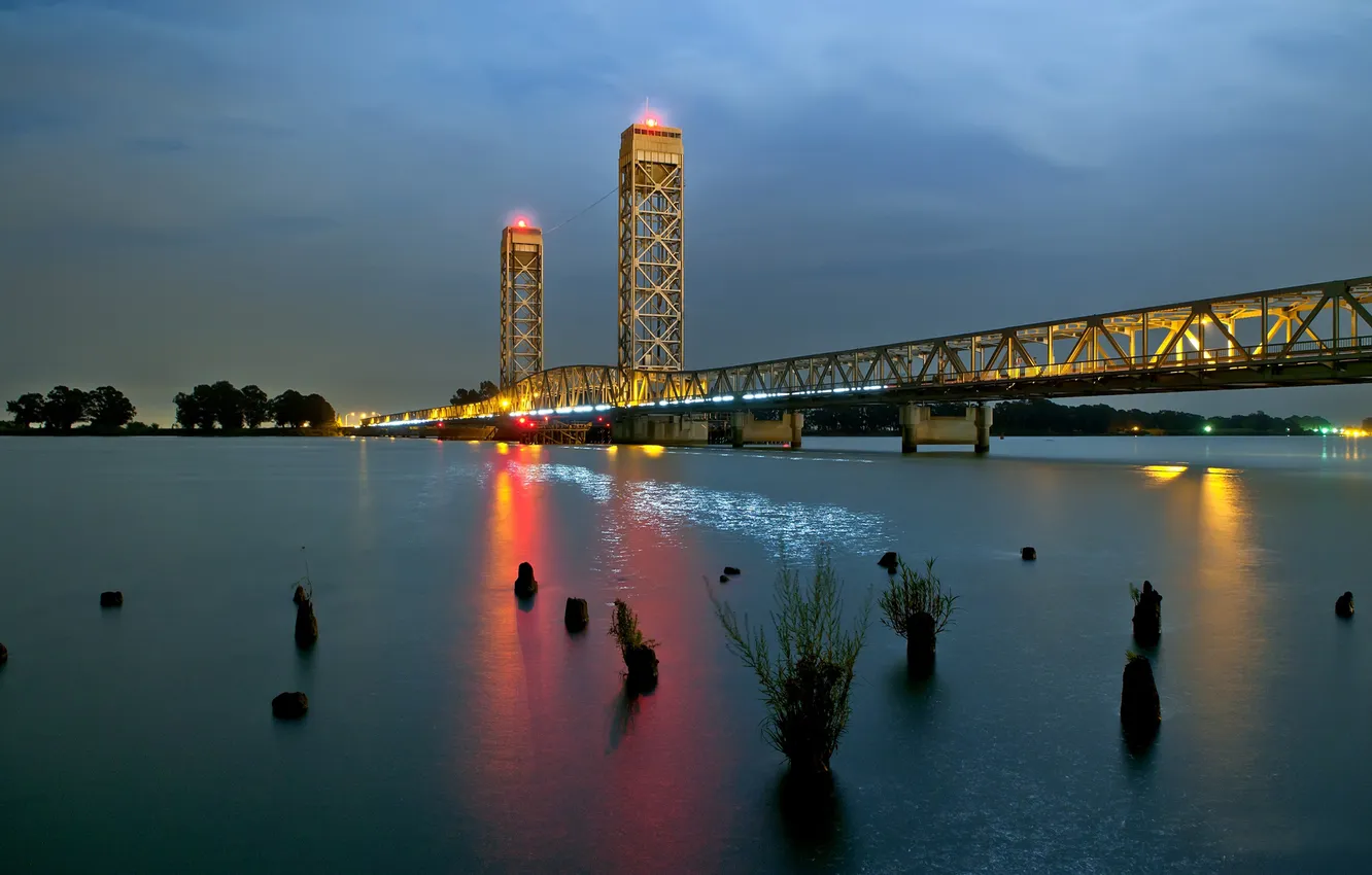 Photo wallpaper night, lights, river, Bridge, CA, night, California, River