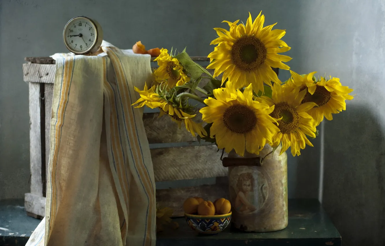 Photo wallpaper sunflowers, background, watch