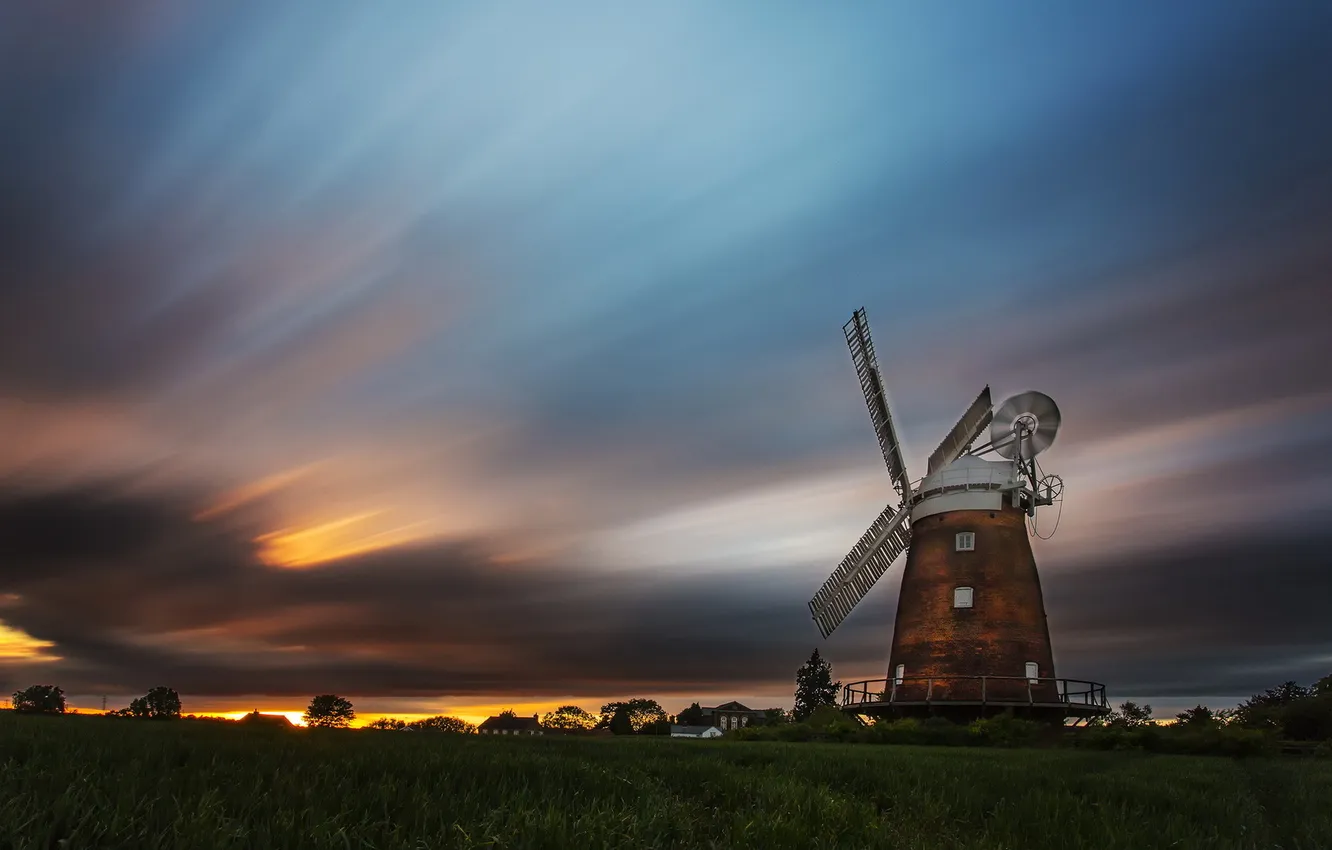 Photo wallpaper landscape, sunset, mill