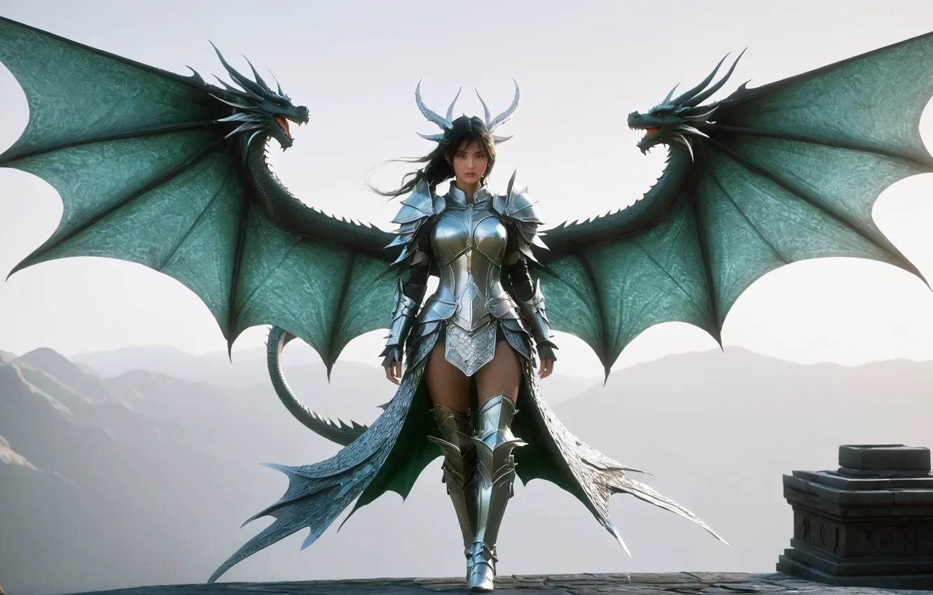 Photo wallpaper girl, dragon, wings, armor, fantasy