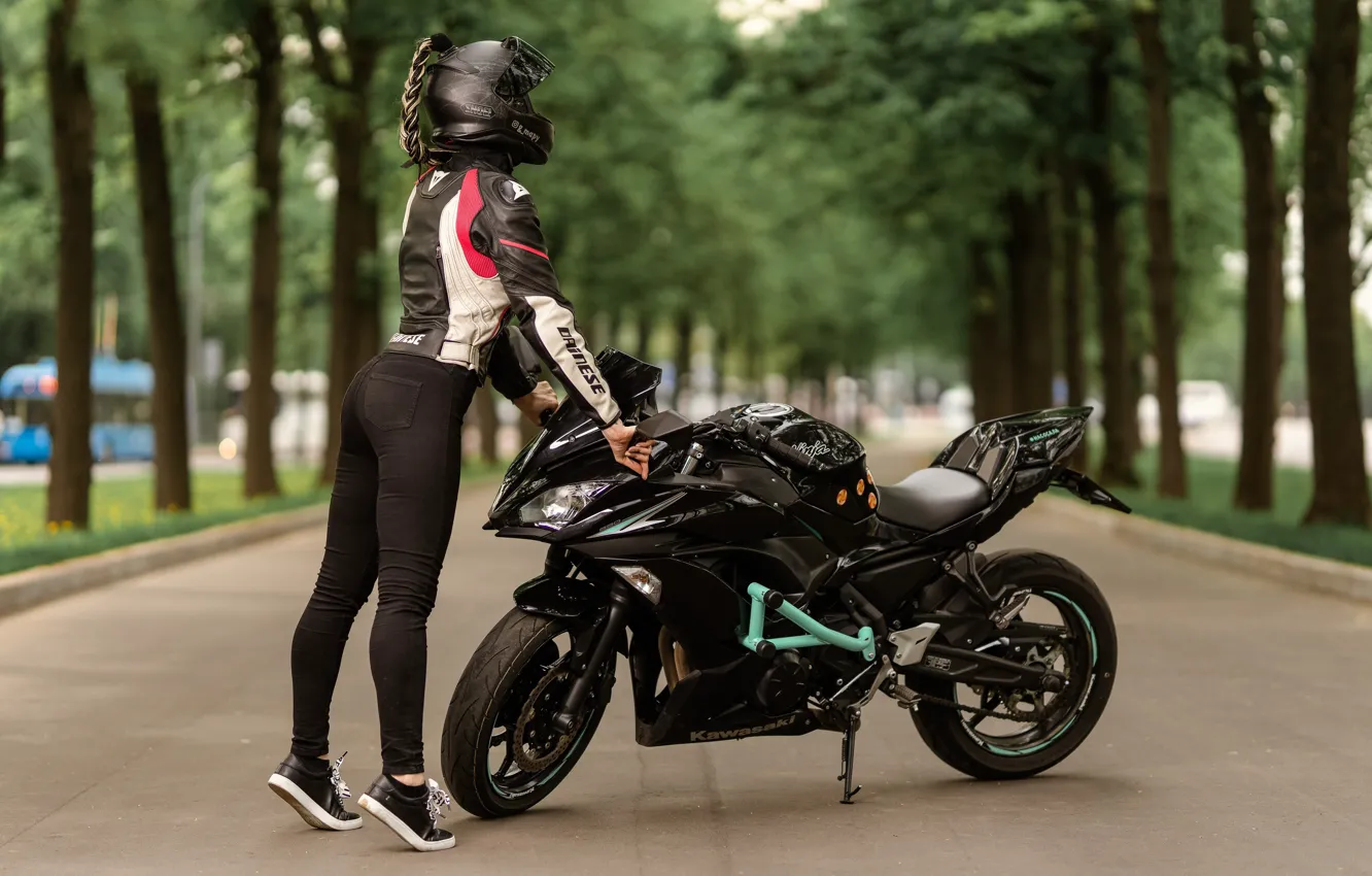 Wallpaper Girl Trees Pose Model Figure Jacket Motorcycle Helmet