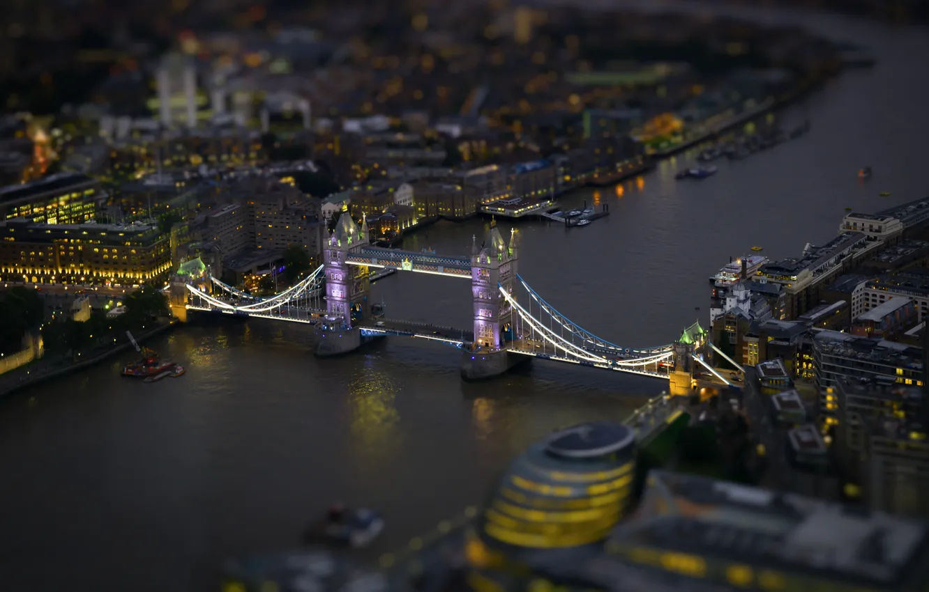 Photo wallpaper night, the city, selective focus, London Bridge, tiltshift