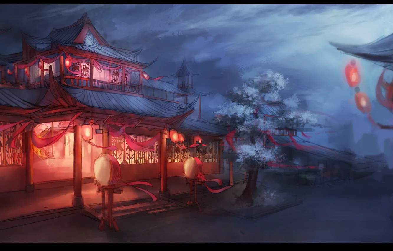 Photo wallpaper night, street, Japan, Sakura, flowering, the light in the Windows, the red lanterns, wooden houses