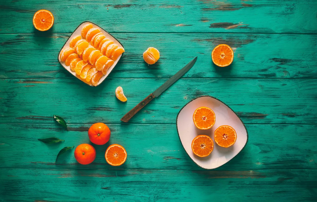 Photo wallpaper photo, Knife, Board, Plate, Food, Tangerines, Piece