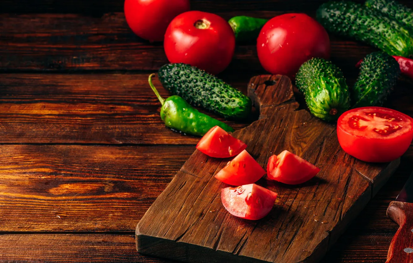 Photo wallpaper the dark background, Board, food, knife, pepper, chopped, vegetables, tomatoes