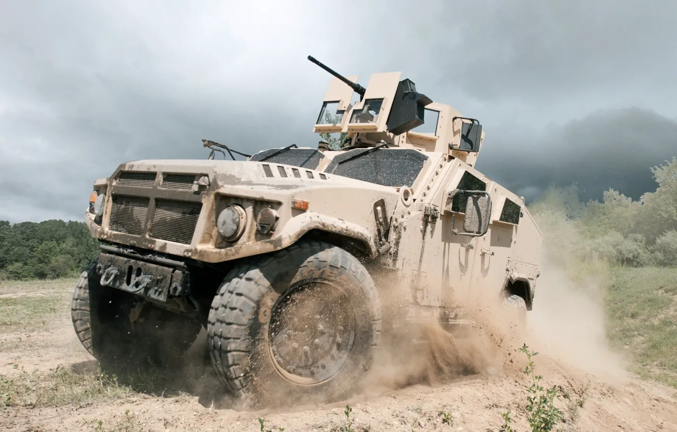 Photo wallpaper Prototype, gun, weapon, dust, US Army, vehicle, machine gun, heavy weapon