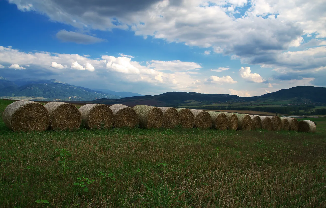 Photo wallpaper field, the sky, clouds, mountains, hay, bales, straw, a lot