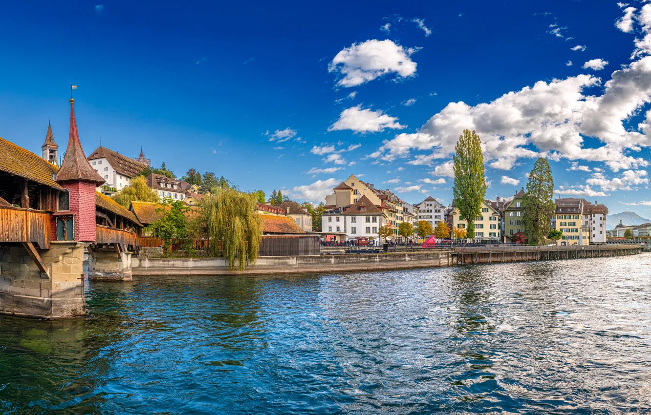 Photo wallpaper clouds, bridge, home, Switzerland, panorama