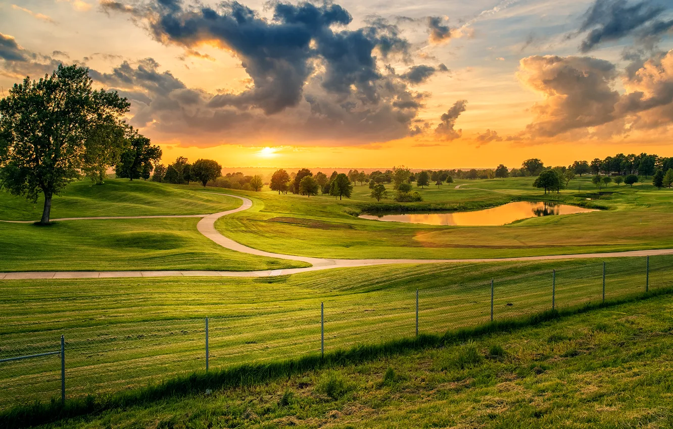 Photo wallpaper road, greens, field, the sky, grass, clouds, trees, sunset