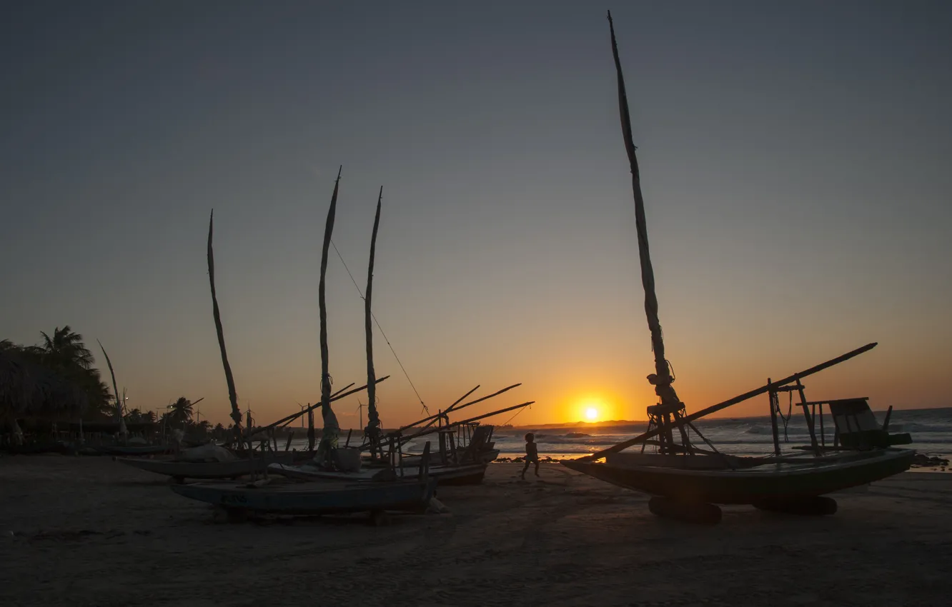 Photo wallpaper beach, sunset, boats