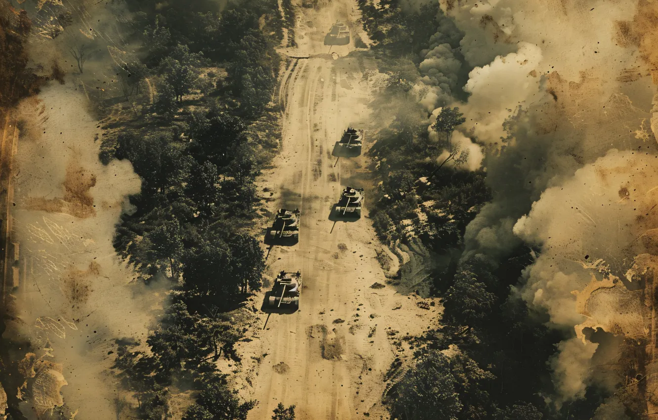 Photo wallpaper road, trees, retro, smoke, tank, columns, black and white, digital art