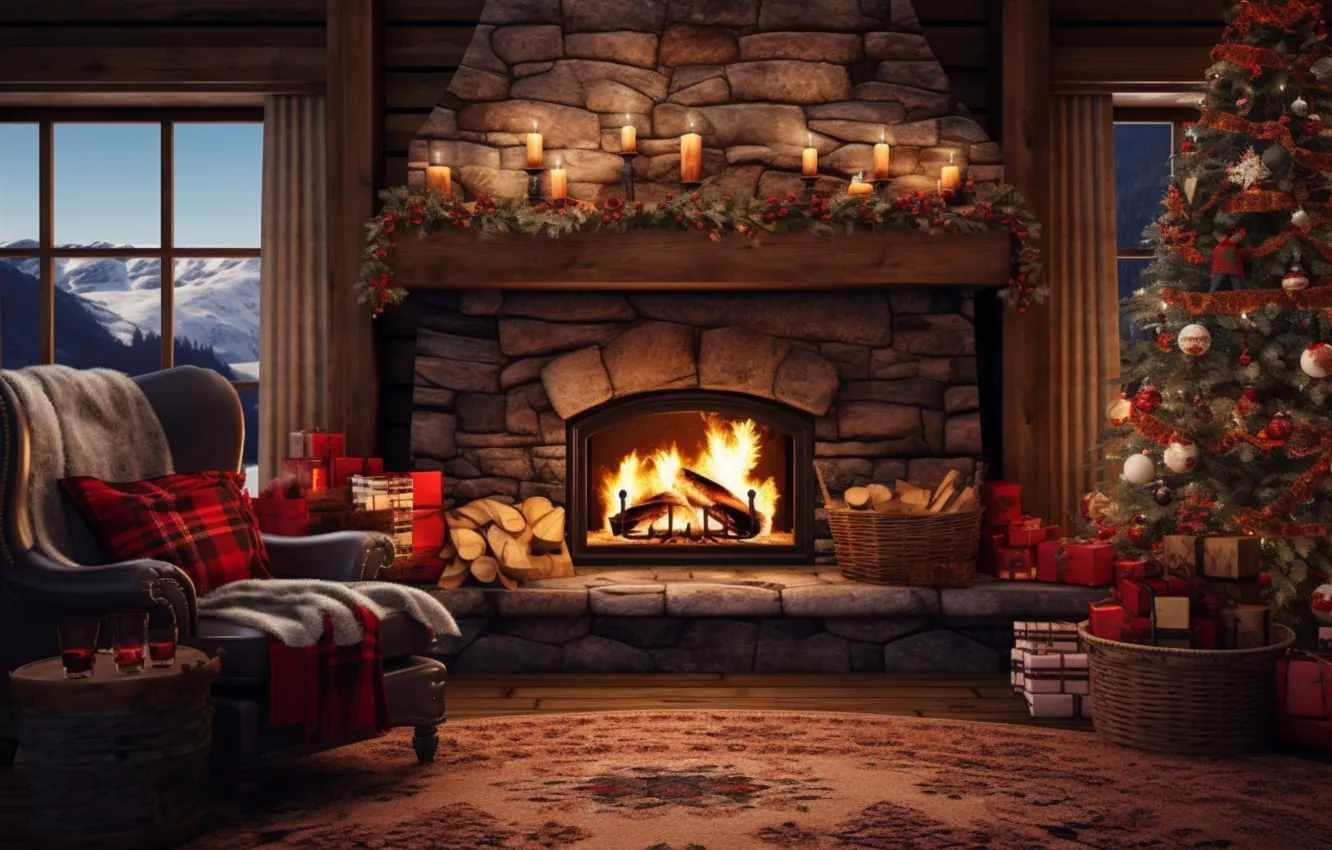 Photo wallpaper decoration, room, gift, balls, tree, new year, interior, Christmas