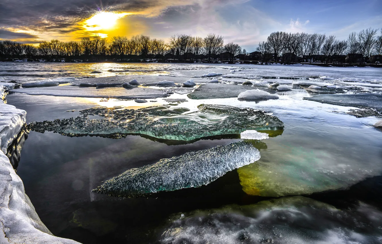 Photo wallpaper river, ice, morning