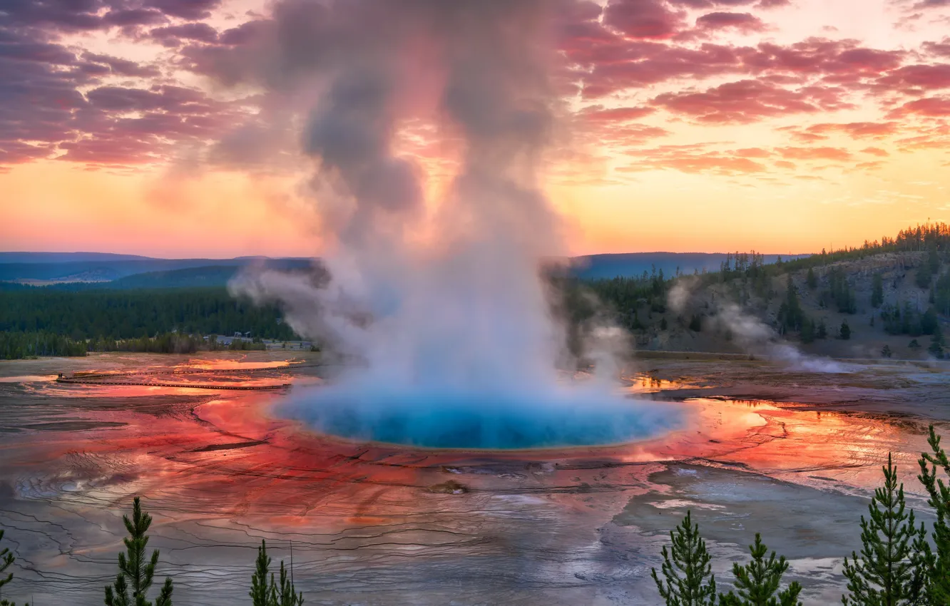 Photo wallpaper sunset, geyser, the water column