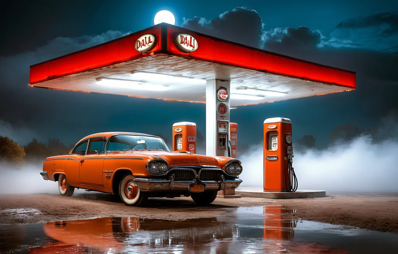 Photo wallpaper car, fog, gas station, AI Art