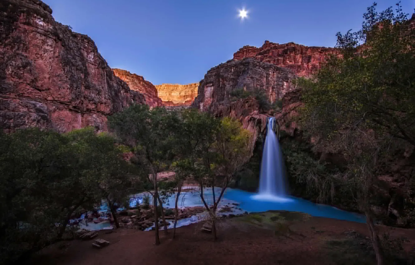 Photo wallpaper Arizona, rocks, waterfall, Grand Canyon, sandstone, full moon, Havasupai Reservation, Havasu Falls