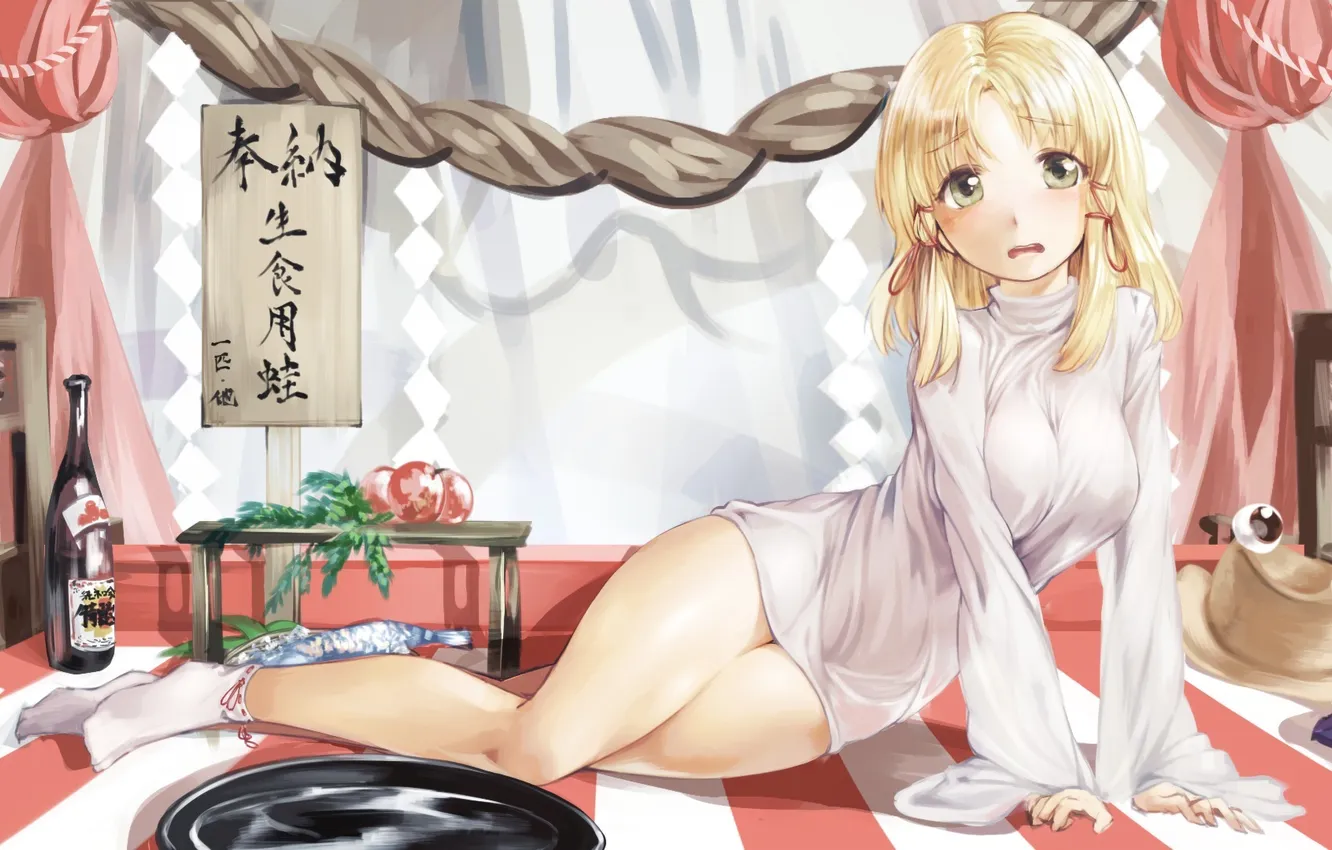 Photo wallpaper girl, bottle, hat, art, characters, jacket, touhou, Moriya Suwako