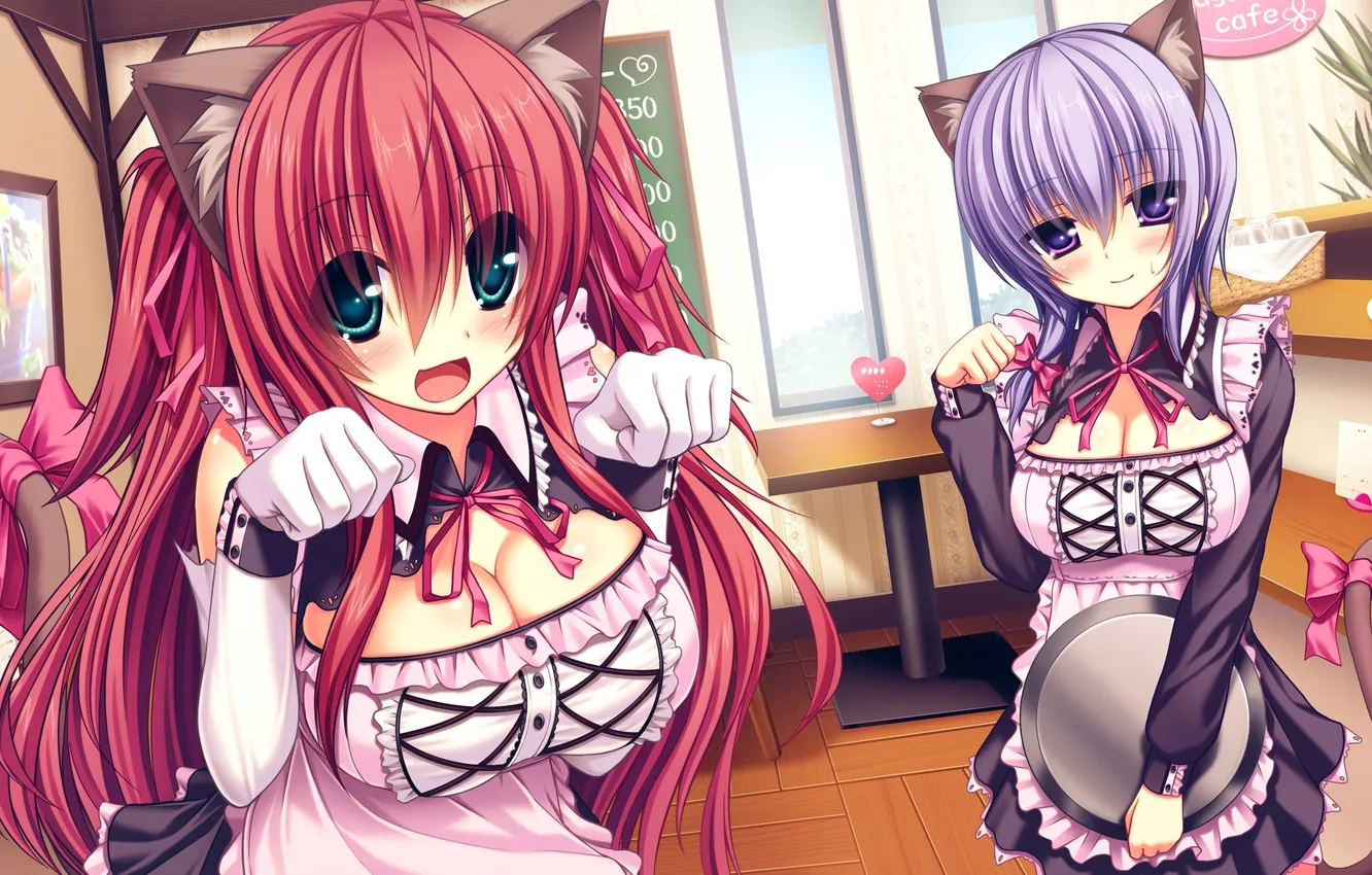 Photo wallpaper look, girl, joy, tail, cafe, neko, ears, art