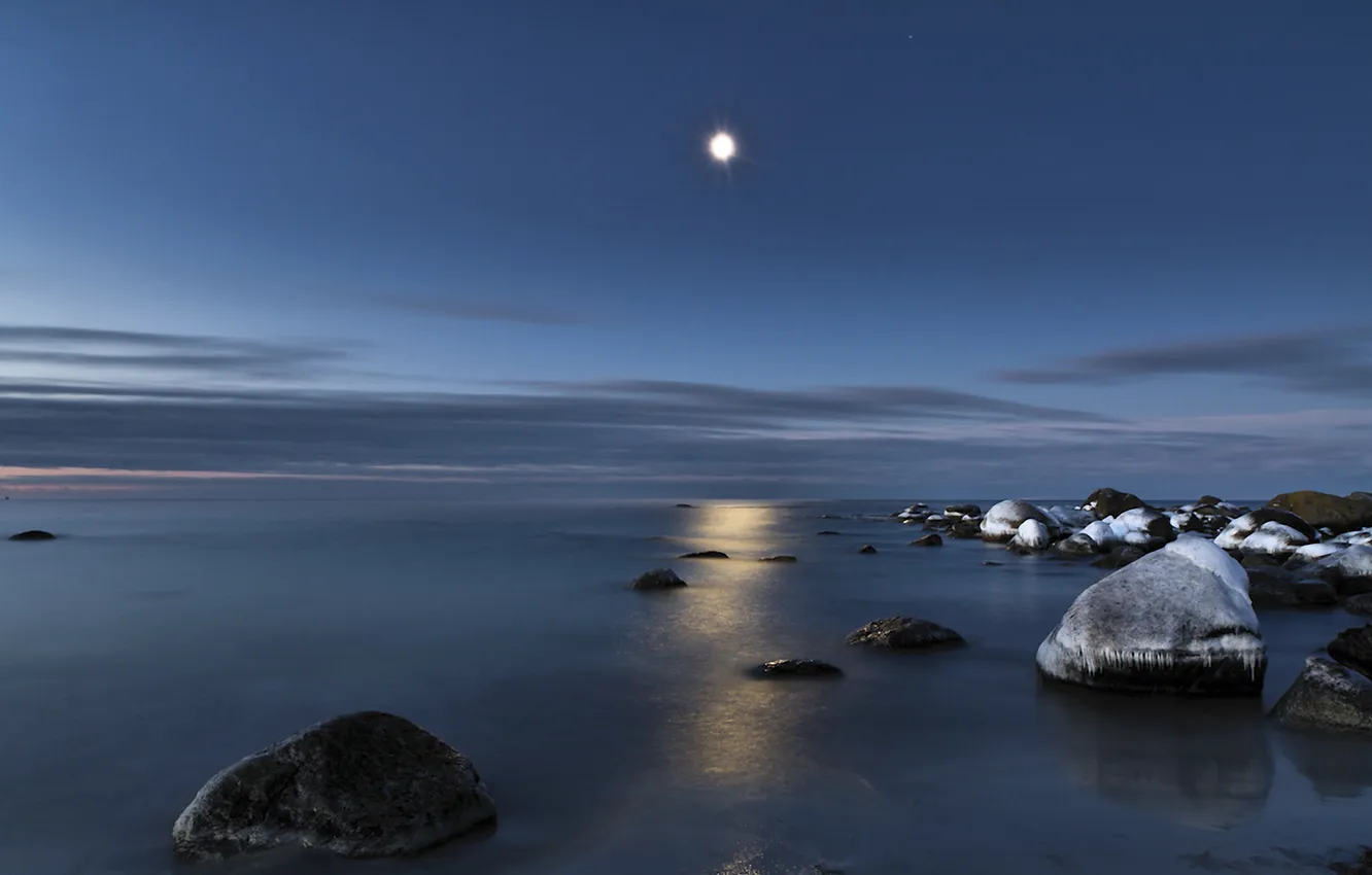 Photo wallpaper sea, water, light, reflection, stones, the moon