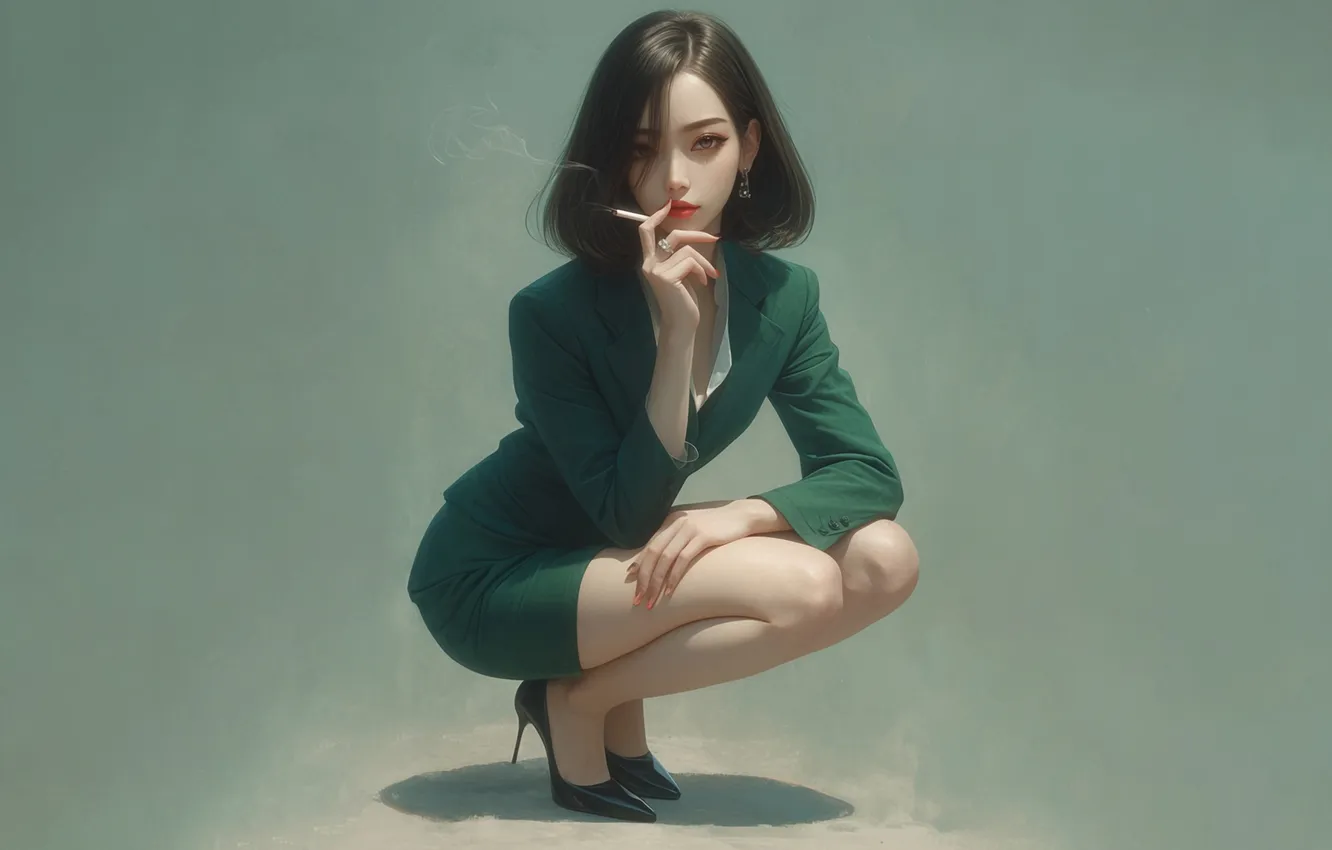 Photo wallpaper girl, smoking, smoke, brunette, asian, Blazer, red lipstick, simple background