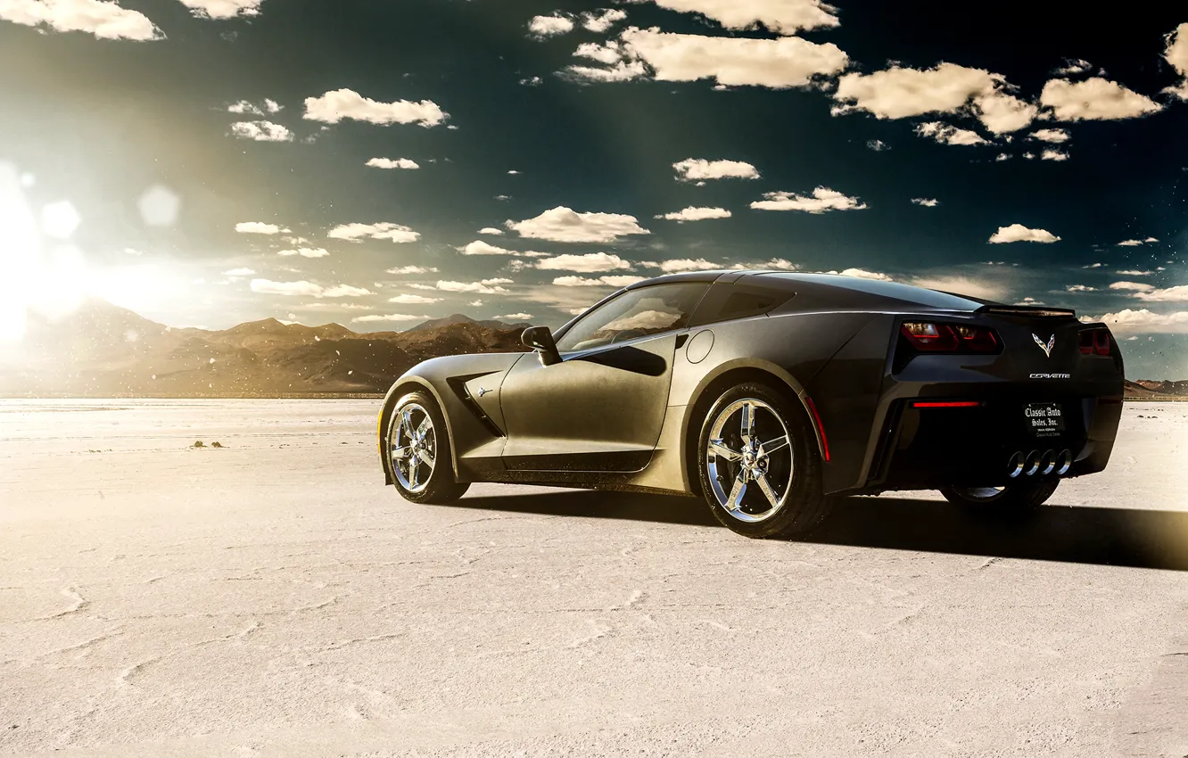 Photo wallpaper car, lake, desert, Corvette, Chevrolet, black, rear, Stingray
