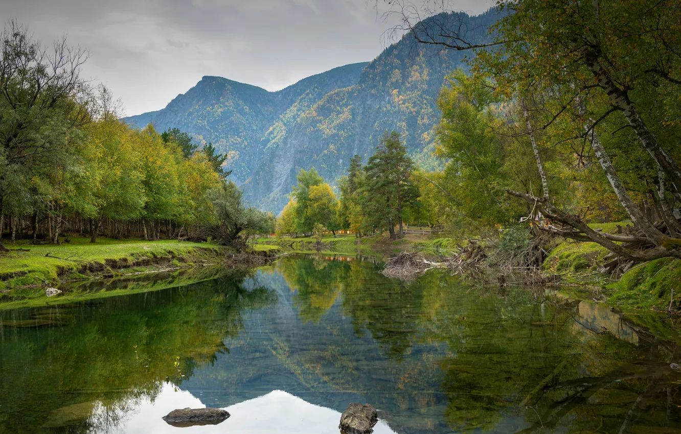 Photo wallpaper trees, mountains, river, beauty, the reflection in the water, Rustem Dikov