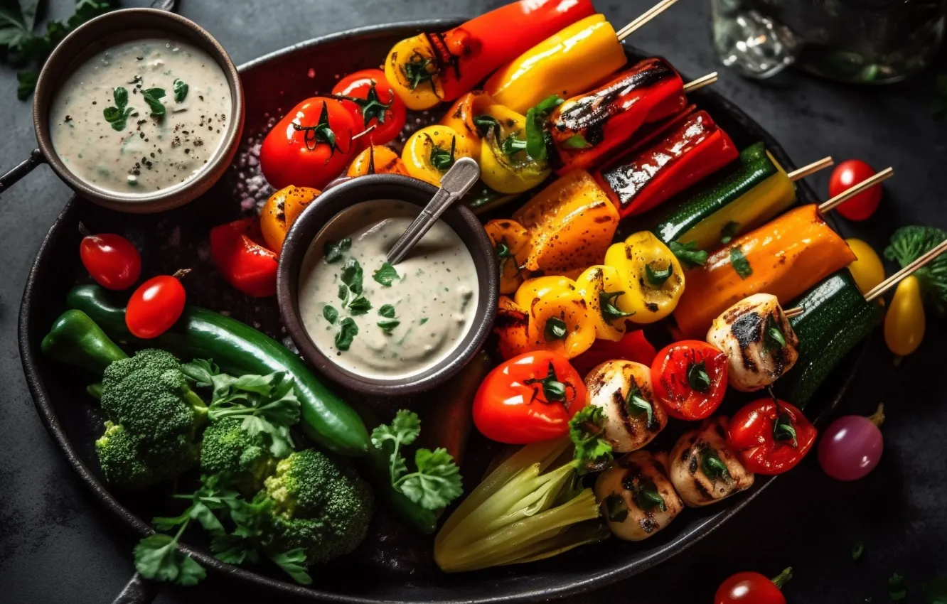 Photo wallpaper greens, mushrooms, food, BBQ, pepper, vegetables, tomatoes, sauce