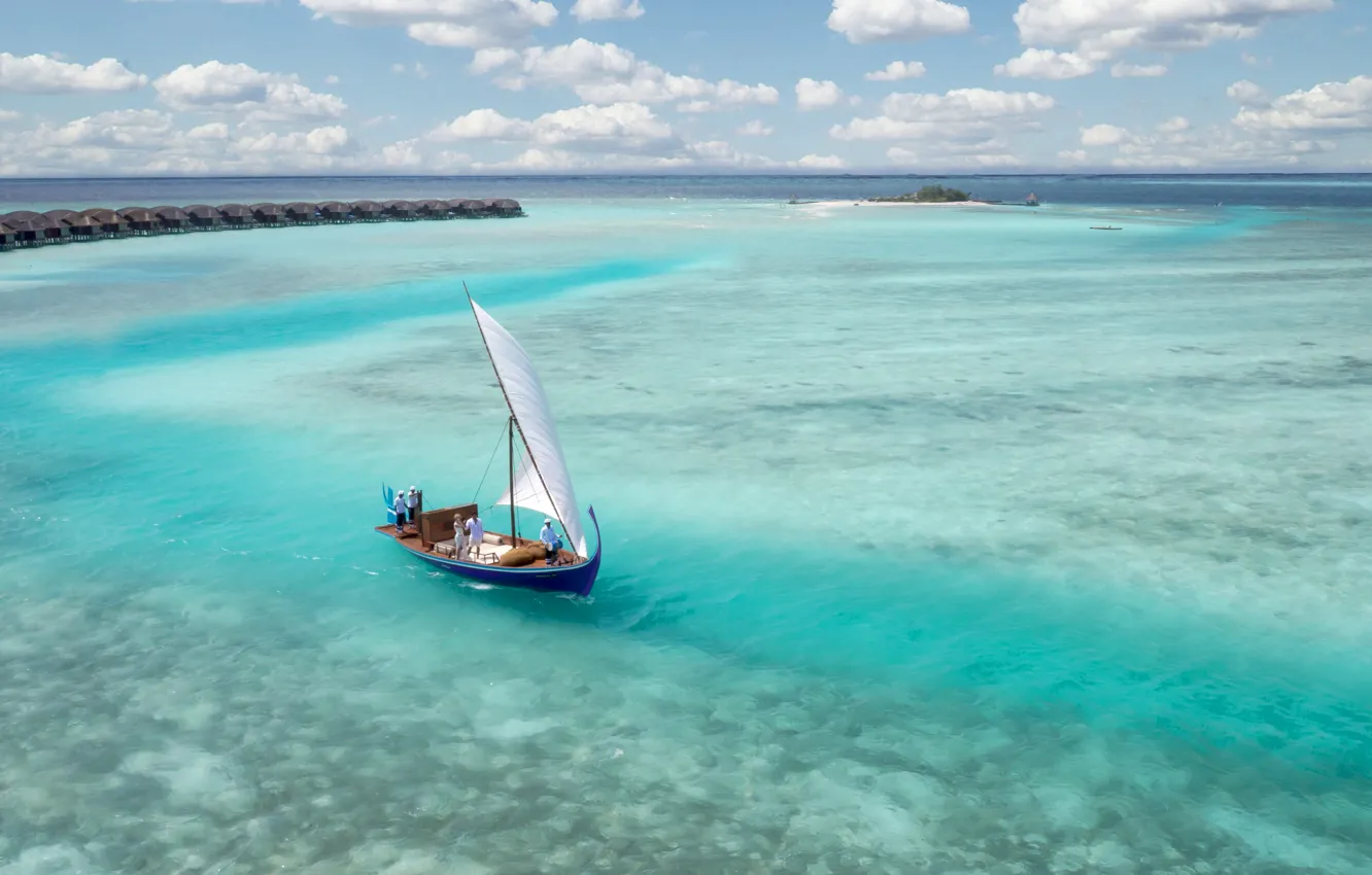 Photo wallpaper Islands, the ocean, boat, sail, resort, Laguna, fantastic Maldives, fiction