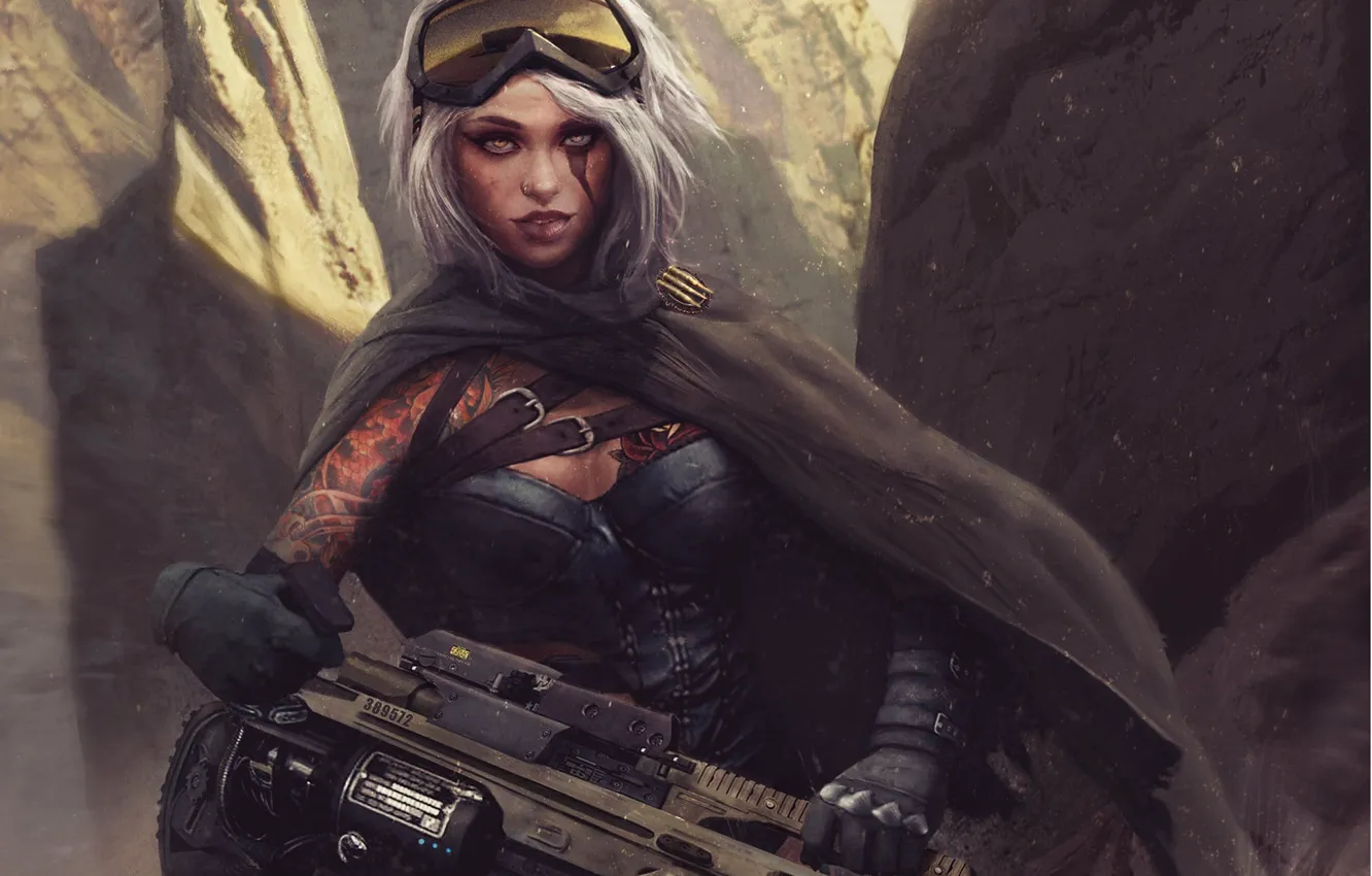Photo wallpaper look, girl, weapons, fiction, tattoo, art