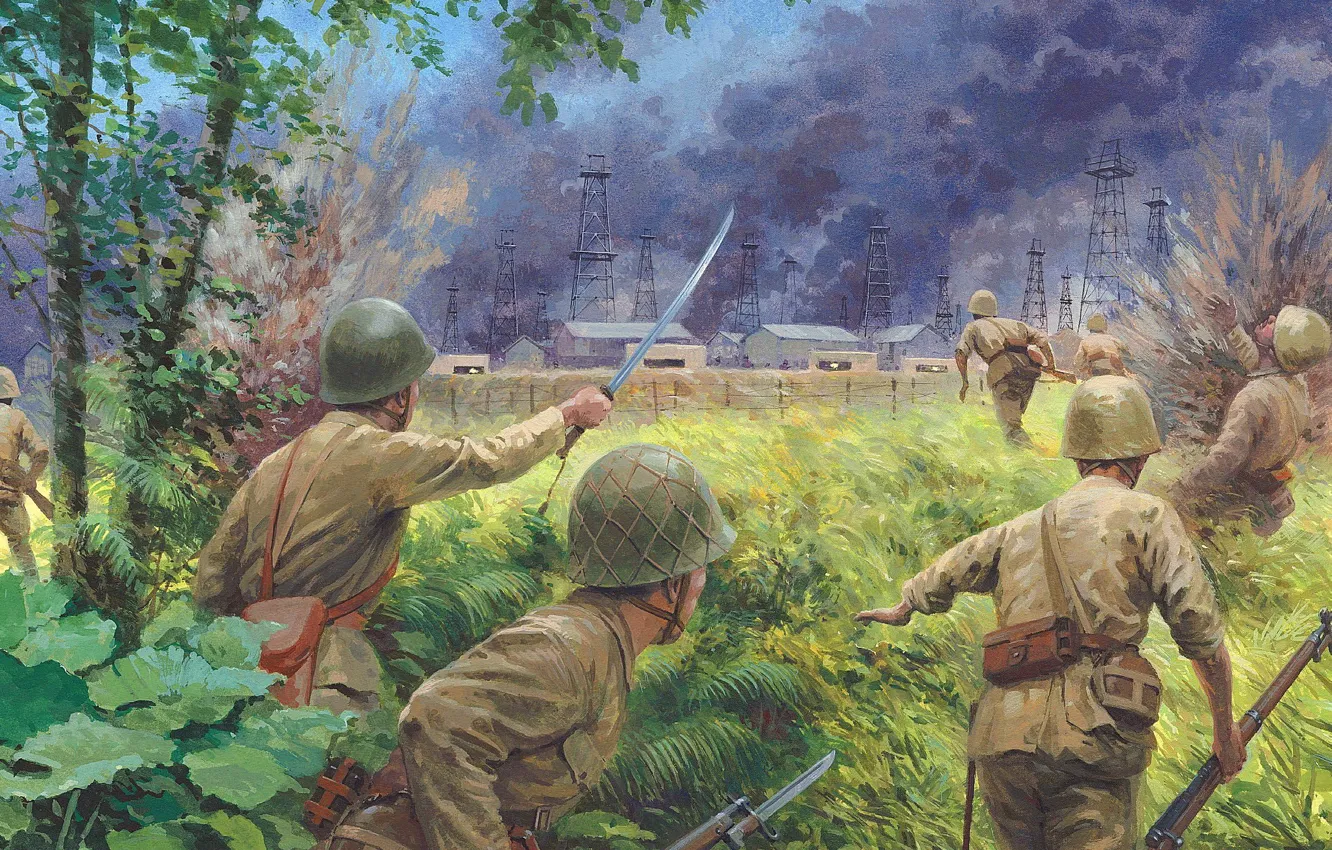 Photo wallpaper War, The explosion, Battle, Soldiers, Art, 1942, Rifles, Japanese Soldiers