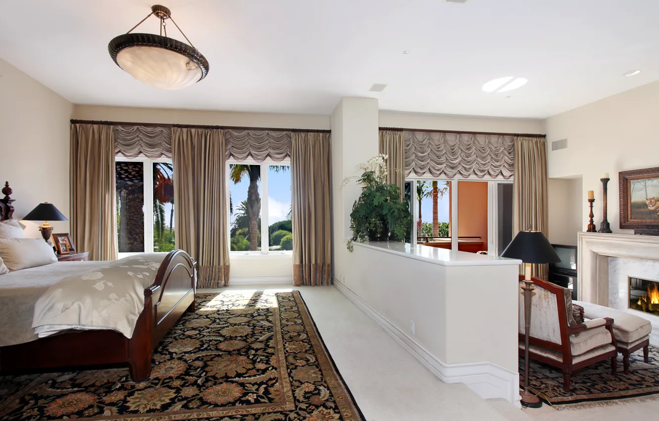 Photo wallpaper design, photo, carpet, lamp, bed, interior, curtains, bedroom