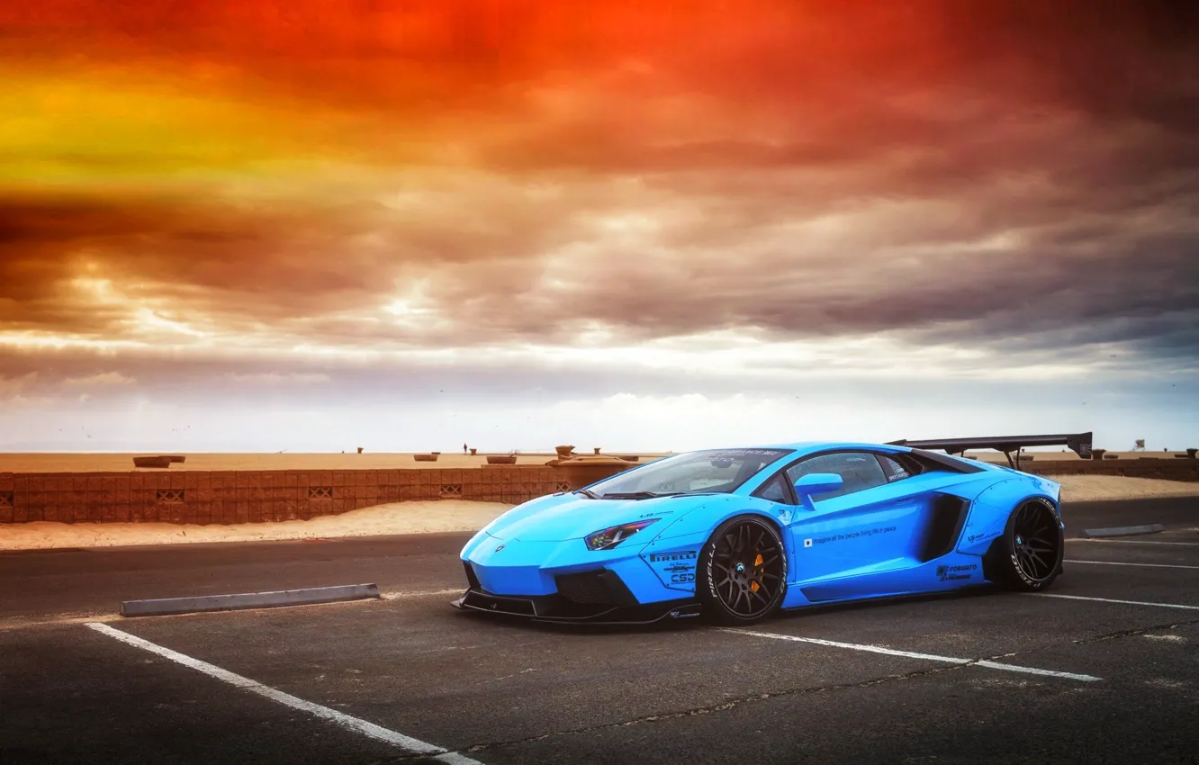 Photo wallpaper Lamborghini, Sky, Blue, Front, Sunset, Aventador, Supercar, LP720-4