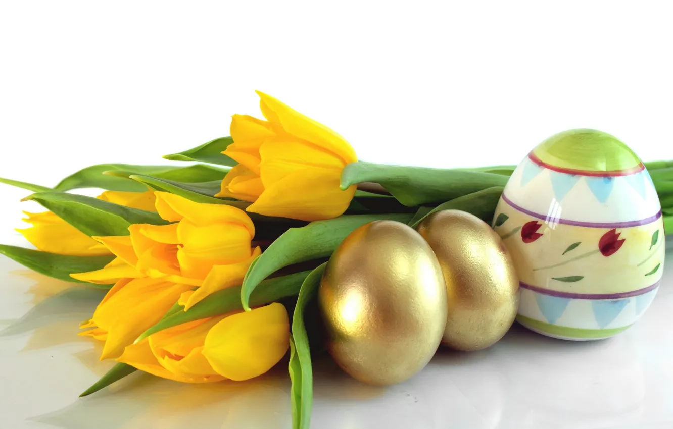 Photo wallpaper eggs, yellow, Easter, tulips