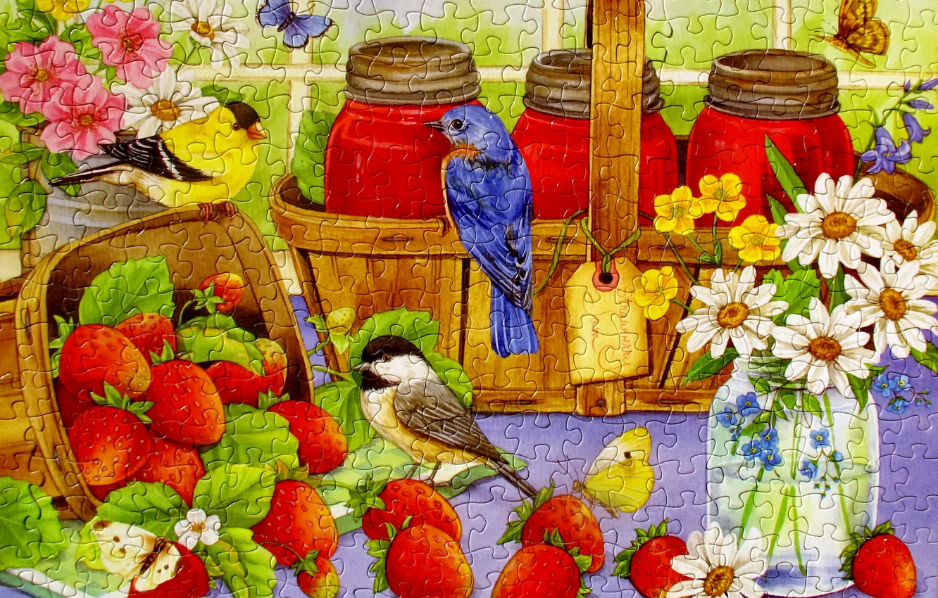 Photo wallpaper flowers, bird, butterfly, strawberry, puzzles, basket