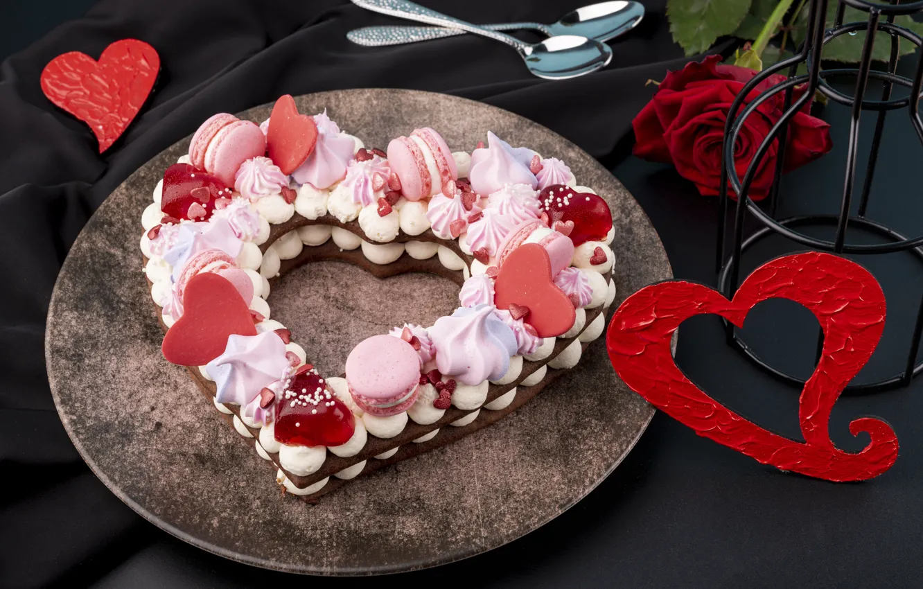 Photo wallpaper Valentine's day, red, roses, pink, flowers, cream, hearts, stand