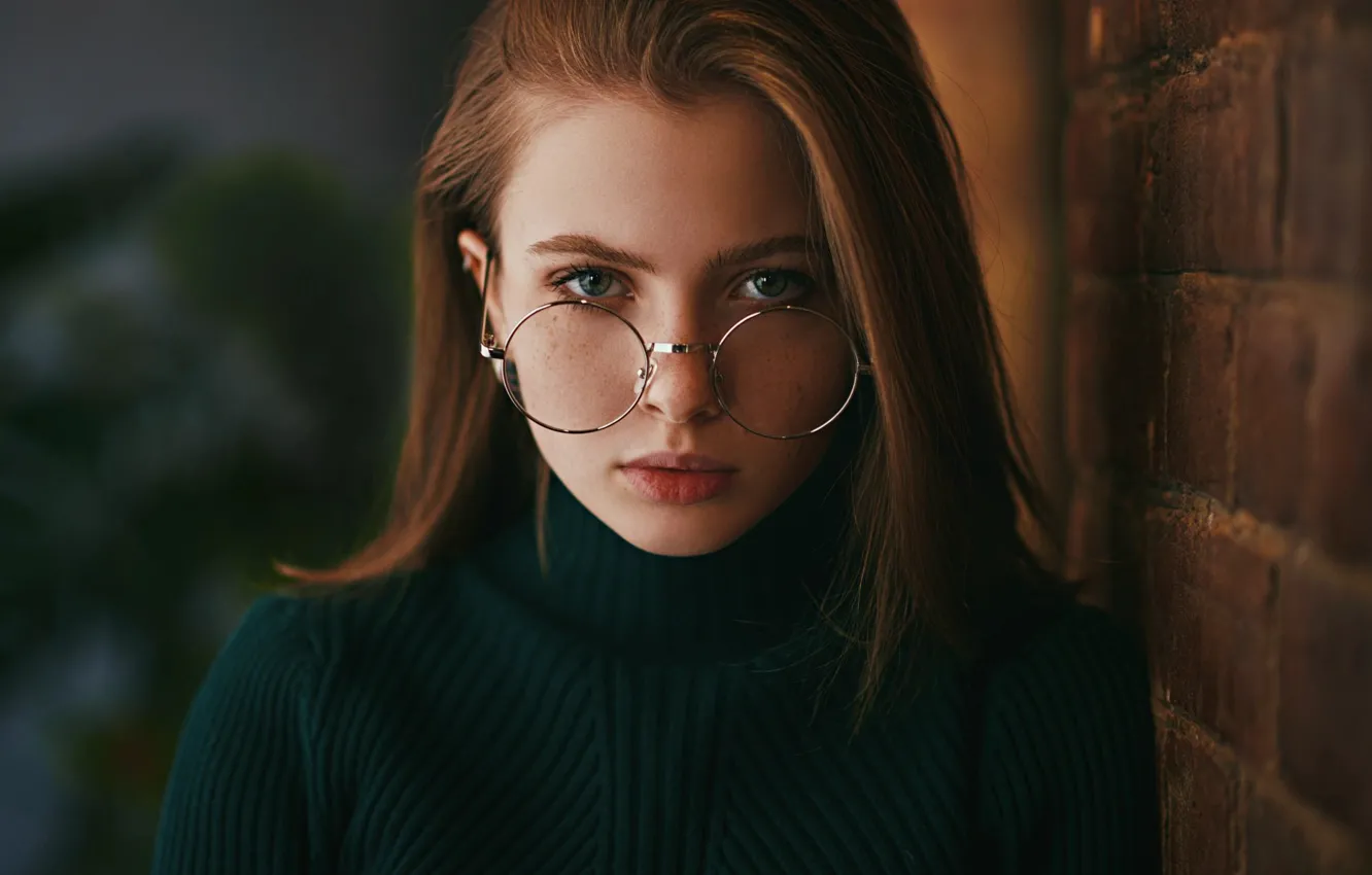 Photo wallpaper girl, wall, brown hair, photo, photographer, bricks, blue eyes, model