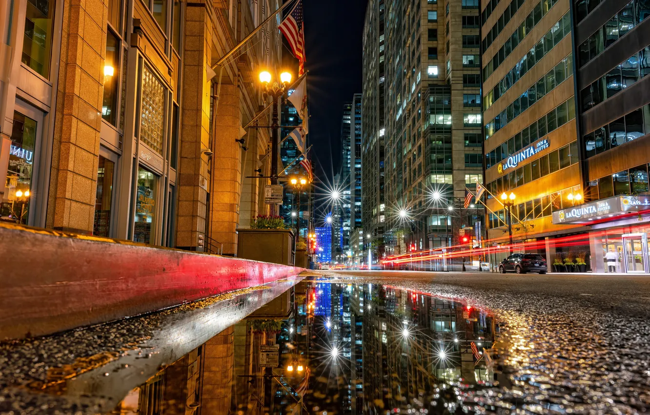 Photo wallpaper reflection, street, puddle, Chicago, USA