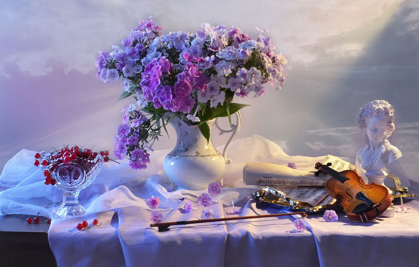 Photo wallpaper flowers, berries, notes, violin, outlet, fabric, sculpture, pitcher