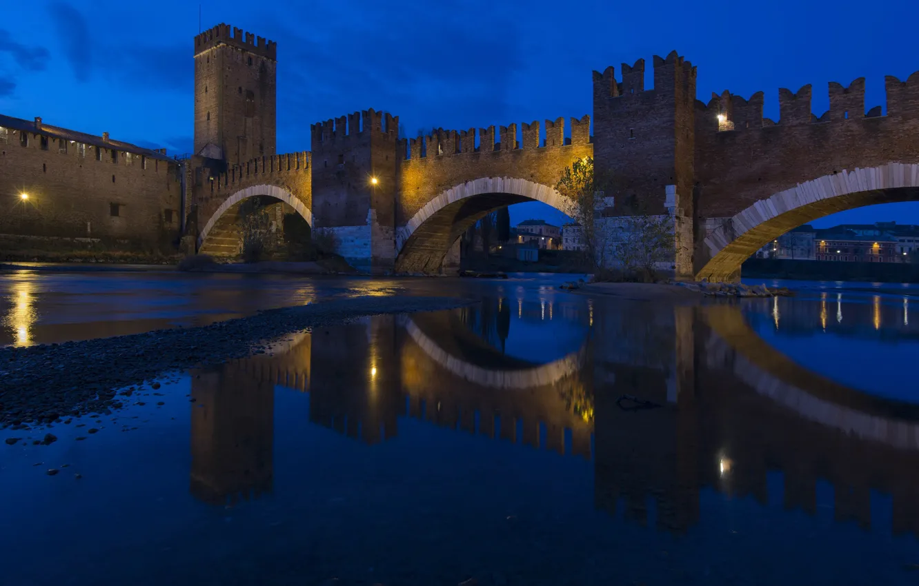 Photo wallpaper Italy, night, Verona, bridge, Castelvecchio