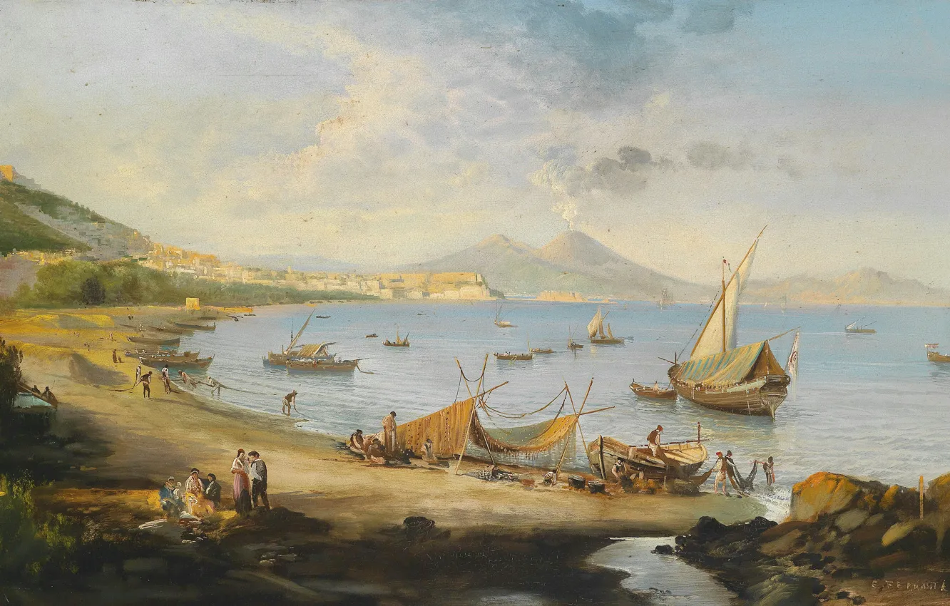 Photo wallpaper picture, painting, painting, Fishermen in the Bay of Naples, Ferrante