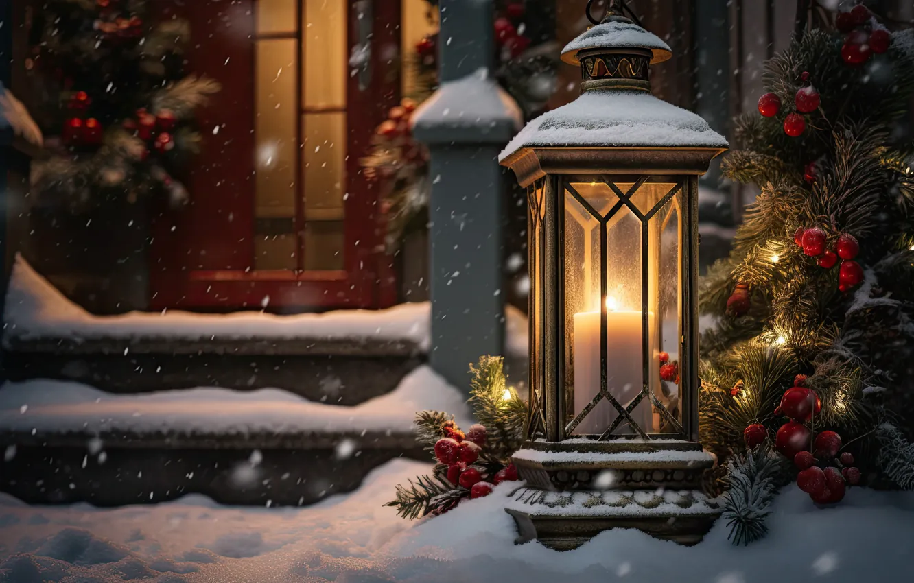 Photo wallpaper winter, snow, decoration, New Year, Christmas, lantern, light, new year