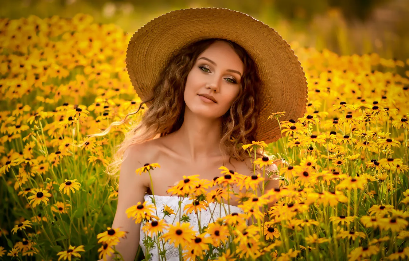Photo wallpaper look, girl, flowers, face, mood, hat, curls, rudbeckia