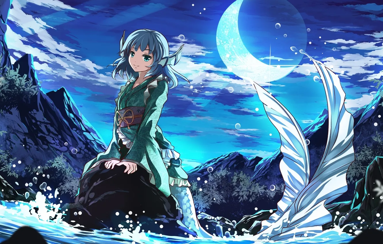 Photo wallpaper water, girl, squirt, night, the moon, stone, art, tail