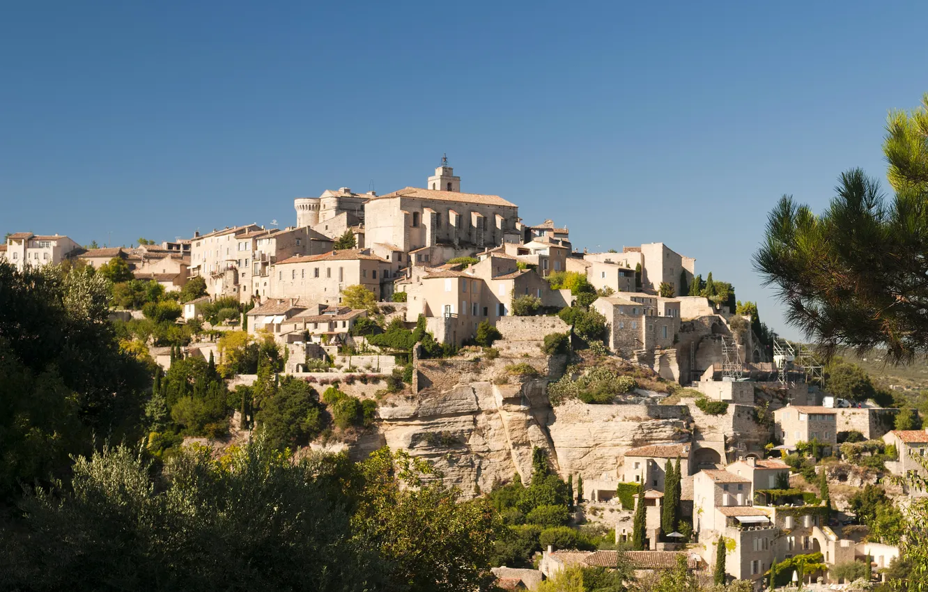 Photo wallpaper landscape, mountains, rocks, France, town, Provence, Gordes