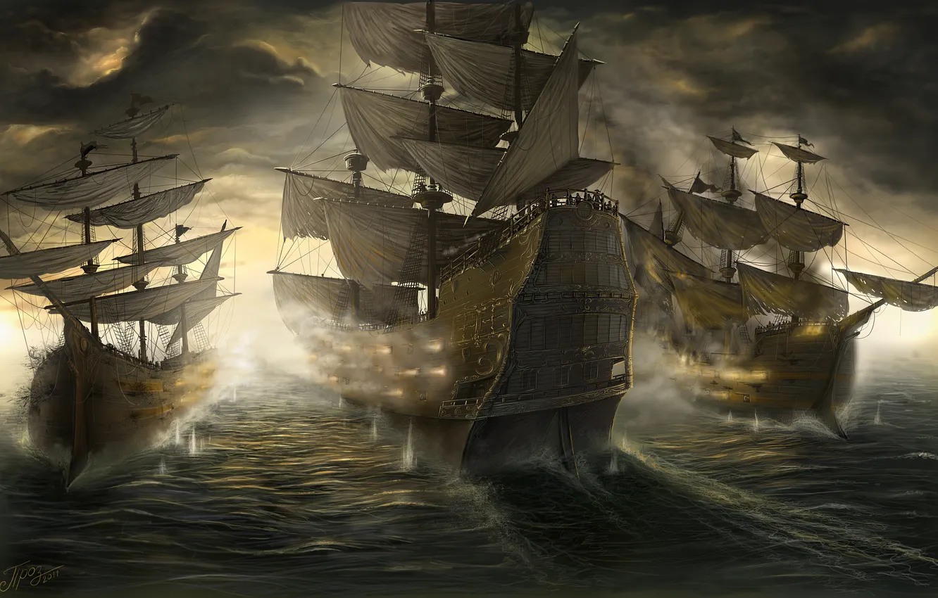 Photo wallpaper sea, clouds, ships, battle, the battle, TamplierPainter