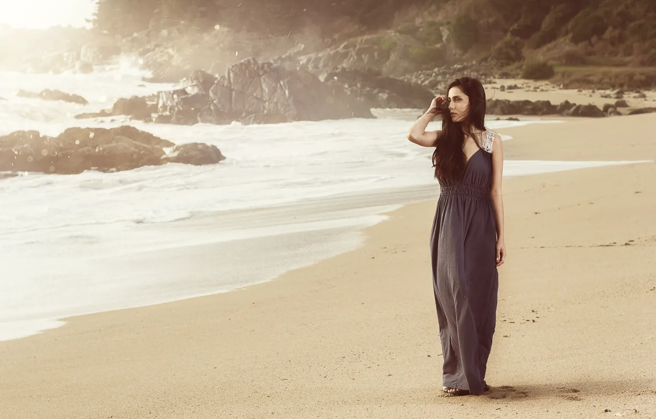 Photo wallpaper sand, sea, wave, beach, the ocean, brunette