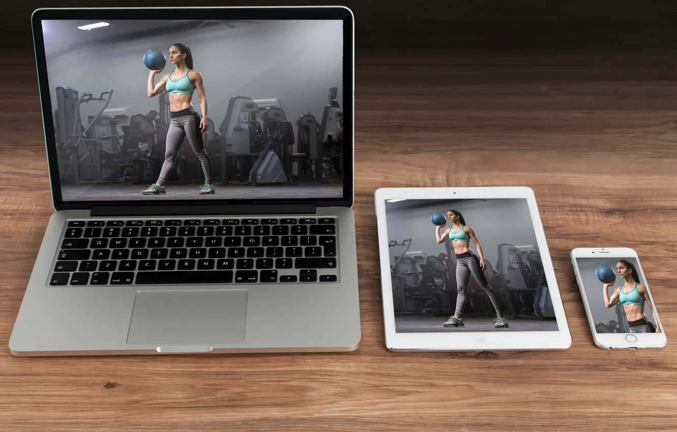Photo wallpaper woman, notebook, tablet, cellular smartphone